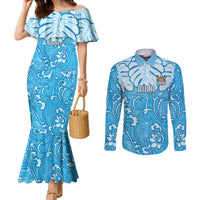Personalized Fiji Spring Break Couples Matching Mermaid Dress and Long Sleeve Button Shirts Fijian Tapa Pattern Blue LT05 Blue - Polynesian Pride