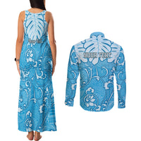 Personalized Fiji Spring Break Couples Matching Tank Maxi Dress and Long Sleeve Button Shirts Fijian Tapa Pattern Blue LT05 - Polynesian Pride