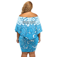 Personalized Fiji Spring Break Off Shoulder Short Dress Fijian Tapa Pattern Blue LT05 - Polynesian Pride