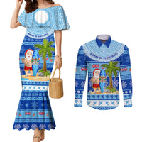 Personalized Fiji Christmas Couples Matching Mermaid Dress and Long Sleeve Button Shirts Santa Claus Surf Marau Na Kerisimasi LT05 Blue - Polynesian Pride