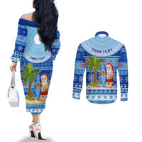Personalized Fiji Christmas Couples Matching Off The Shoulder Long Sleeve Dress and Long Sleeve Button Shirts Santa Claus Surf Marau Na Kerisimasi LT05 - Polynesian Pride