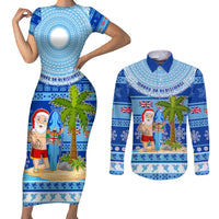 Personalized Fiji Christmas Couples Matching Short Sleeve Bodycon Dress and Long Sleeve Button Shirts Santa Claus Surf Marau Na Kerisimasi LT05 Blue - Polynesian Pride