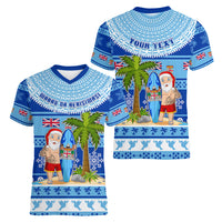 Personalized Fiji Christmas Women V Neck T Shirt Santa Claus Surf Marau Na Kerisimasi LT05 - Polynesian Pride