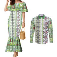 Hawaii Makahiki Turtle Couples Matching Mermaid Dress and Long Sleeve Button Shirt Green Tapa Pattern - Polynesian Pride