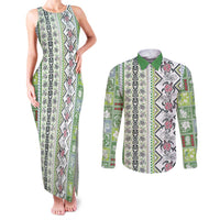 Hawaii Makahiki Turtle Couples Matching Tank Maxi Dress and Long Sleeve Button Shirt Green Tapa Pattern - Polynesian Pride