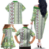 Hawaii Makahiki Turtle Family Matching Off The Shoulder Long Sleeve Dress and Hawaiian Shirt Green Tapa Pattern - Polynesian Pride