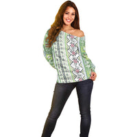 Hawaii Makahiki Turtle Off Shoulder Sweater Green Tapa Pattern - Polynesian Pride