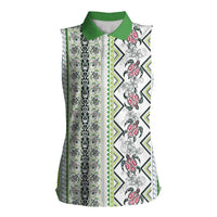 Hawaii Makahiki Turtle Women Sleeveless Polo Shirt Green Tapa Pattern - Polynesian Pride