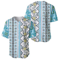 Hawaii Makahiki Turtle Baseball Jersey Blue Tapa Pattern - Polynesian Pride