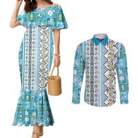 Hawaii Makahiki Turtle Couples Matching Mermaid Dress and Long Sleeve Button Shirt Blue Tapa Pattern - Polynesian Pride