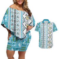 Hawaii Makahiki Turtle Couples Matching Off Shoulder Short Dress and Hawaiian Shirt Blue Tapa Pattern - Polynesian Pride