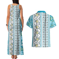 Hawaii Makahiki Turtle Couples Matching Tank Maxi Dress and Hawaiian Shirt Blue Tapa Pattern - Polynesian Pride