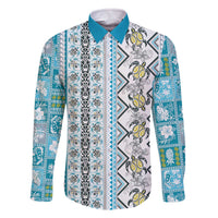 Hawaii Makahiki Turtle Family Matching Off The Shoulder Long Sleeve Dress and Hawaiian Shirt Blue Tapa Pattern - Polynesian Pride