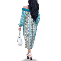 Hawaii Makahiki Turtle Family Matching Off The Shoulder Long Sleeve Dress and Hawaiian Shirt Blue Tapa Pattern - Polynesian Pride