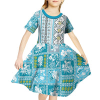 Hawaii Makahiki Turtle Kid Short Sleeve Dress Blue Tapa Pattern - Polynesian Pride