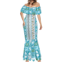 Hawaii Makahiki Turtle Mermaid Dress Blue Tapa Pattern - Polynesian Pride