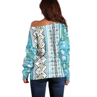 Hawaii Makahiki Turtle Off Shoulder Sweater Blue Tapa Pattern - Polynesian Pride
