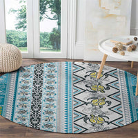 Hawaii Makahiki Turtle Round Carpet Blue Tapa Pattern - Polynesian Pride