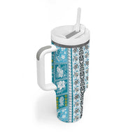 Hawaii Makahiki Turtle Tumbler With Handle Blue Tapa Pattern - Polynesian Pride