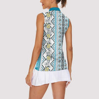 Hawaii Makahiki Turtle Women Sleeveless Polo Shirt Blue Tapa Pattern - Polynesian Pride