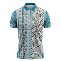 Hawaii Makahiki Turtle Zipper Polo Shirt Blue Tapa Pattern LT05 Blue - Polynesian Pride