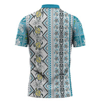 Hawaii Makahiki Turtle Zipper Polo Shirt Blue Tapa Pattern LT05 - Polynesian Pride