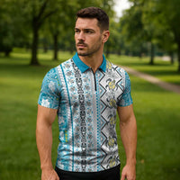 Hawaii Makahiki Turtle Zipper Polo Shirt Blue Tapa Pattern LT05 - Polynesian Pride