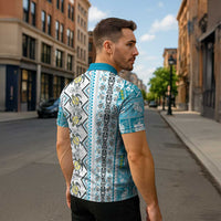Hawaii Makahiki Turtle Zipper Polo Shirt Blue Tapa Pattern LT05 - Polynesian Pride