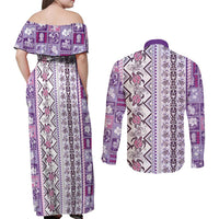 Hawaii Makahiki Turtle Couples Matching Off Shoulder Maxi Dress and Long Sleeve Button Shirt Violet Tapa Pattern - Polynesian Pride