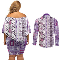 Hawaii Makahiki Turtle Couples Matching Off Shoulder Short Dress and Long Sleeve Button Shirt Violet Tapa Pattern - Polynesian Pride