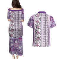 Hawaii Makahiki Turtle Couples Matching Puletasi and Hawaiian Shirt Violet Tapa Pattern LT05 - Polynesian Pride