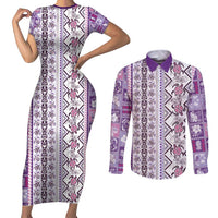 Hawaii Makahiki Turtle Couples Matching Short Sleeve Bodycon Dress and Long Sleeve Button Shirt Violet Tapa Pattern - Polynesian Pride