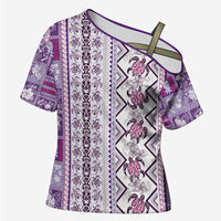 Hawaii Makahiki Turtle Cross Shoulder Shirt Violet Tapa Pattern LT05 Female Violet - Polynesian Pride