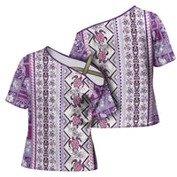 Hawaii Makahiki Turtle Cross Shoulder Shirt Violet Tapa Pattern LT05 - Polynesian Pride