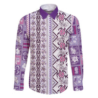 Hawaii Makahiki Turtle Family Matching Off The Shoulder Long Sleeve Dress and Hawaiian Shirt Violet Tapa Pattern - Polynesian Pride