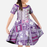 Hawaii Makahiki Turtle Kid Short Sleeve Dress Violet Tapa Pattern - Polynesian Pride