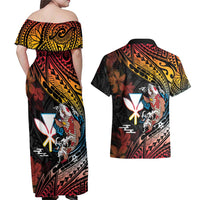 Hawaii And Japan Couples Matching Off Shoulder Maxi Dress and Hawaiian Shirt Koi Fish With Kanaka Maoli