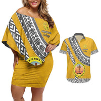 Personalised Anastasis College Couples Matching Off Shoulder Short Dress and Hawaiian Shirt Tonga Unique Style LT05 Yellow - Polynesian Pride