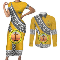 Personalised Anastasis College Couples Matching Short Sleeve Bodycon Dress and Long Sleeve Button Shirt Tonga Unique Style LT05 Yellow - Polynesian Pride