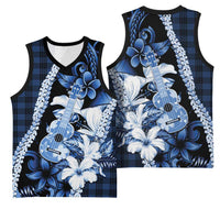 Hawaii Ukulele Basketball Jersey Tropical Flowers With Palaka Effect Blue Version - Polynesian Pride