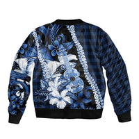 Hawaii Ukulele Bomber Jacket Tropical Flowers With Palaka Effect Blue Version - Polynesian Pride
