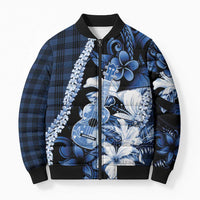 Hawaii Ukulele Bomber Puffer Jacket Tropical Flowers With Palaka Effect Blue Version LT05 Unisex Blue - Polynesian Pride