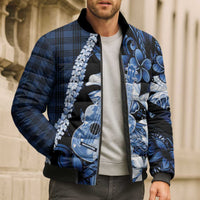 Hawaii Ukulele Bomber Puffer Jacket Tropical Flowers With Palaka Effect Blue Version LT05 - Polynesian Pride