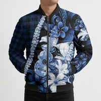 Hawaii Ukulele Bomber Puffer Jacket Tropical Flowers With Palaka Effect Blue Version LT05 - Polynesian Pride