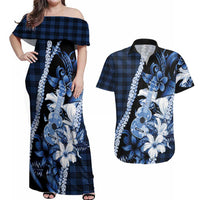 Hawaii Ukulele Couples Matching Off Shoulder Maxi Dress and Hawaiian Shirt Tropical Flowers With Palaka Effect Blue Version LT05 Blue - Polynesian Pride