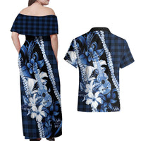 Hawaii Ukulele Couples Matching Off Shoulder Maxi Dress and Hawaiian Shirt Tropical Flowers With Palaka Effect Blue Version LT05 - Polynesian Pride