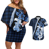 Hawaii Ukulele Couples Matching Off Shoulder Short Dress and Hawaiian Shirt Tropical Flowers With Palaka Effect Blue Version LT05 Blue - Polynesian Pride