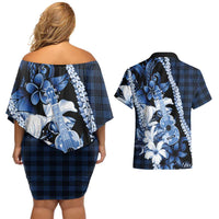 Hawaii Ukulele Couples Matching Off Shoulder Short Dress and Hawaiian Shirt Tropical Flowers With Palaka Effect Blue Version LT05 - Polynesian Pride