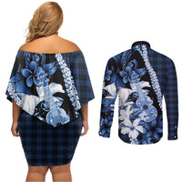 Hawaii Ukulele Couples Matching Off Shoulder Short Dress and Long Sleeve Button Shirt Tropical Flowers With Palaka Effect Blue Version - Polynesian Pride