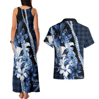 Hawaii Ukulele Couples Matching Tank Maxi Dress and Hawaiian Shirt Tropical Flowers With Palaka Effect Blue Version LT05 - Polynesian Pride
